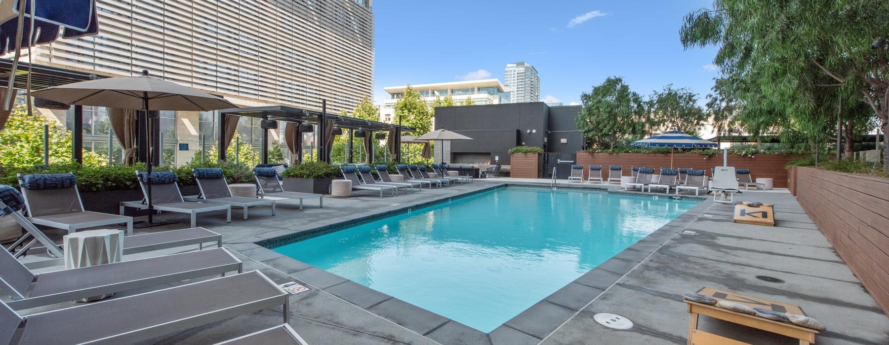 a swimming pool outside a building