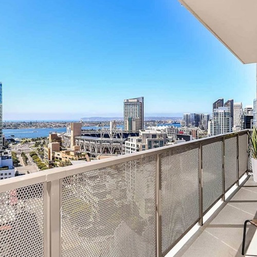a balcony over-looking a skyline